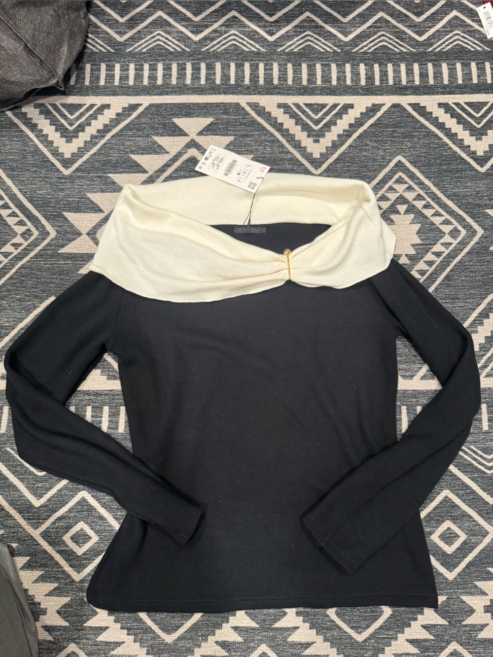 Zara Black and Cream Off-Shoulder Twist Sweater with Gold Accent
